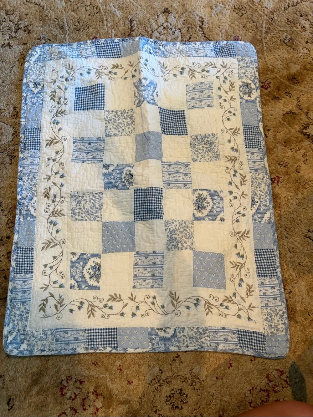 Trio 3 Blue and White Patchwork Quilted pillow Shams- Floral & Gingham